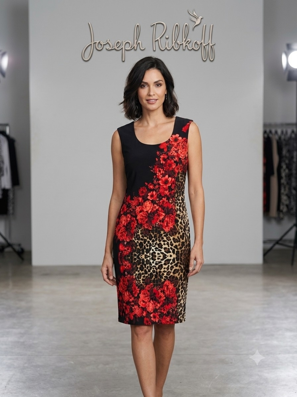 Joseph Ribkoff 153720 Black, Red & Brown Floral Leopard Midi Dress Ptp 19"